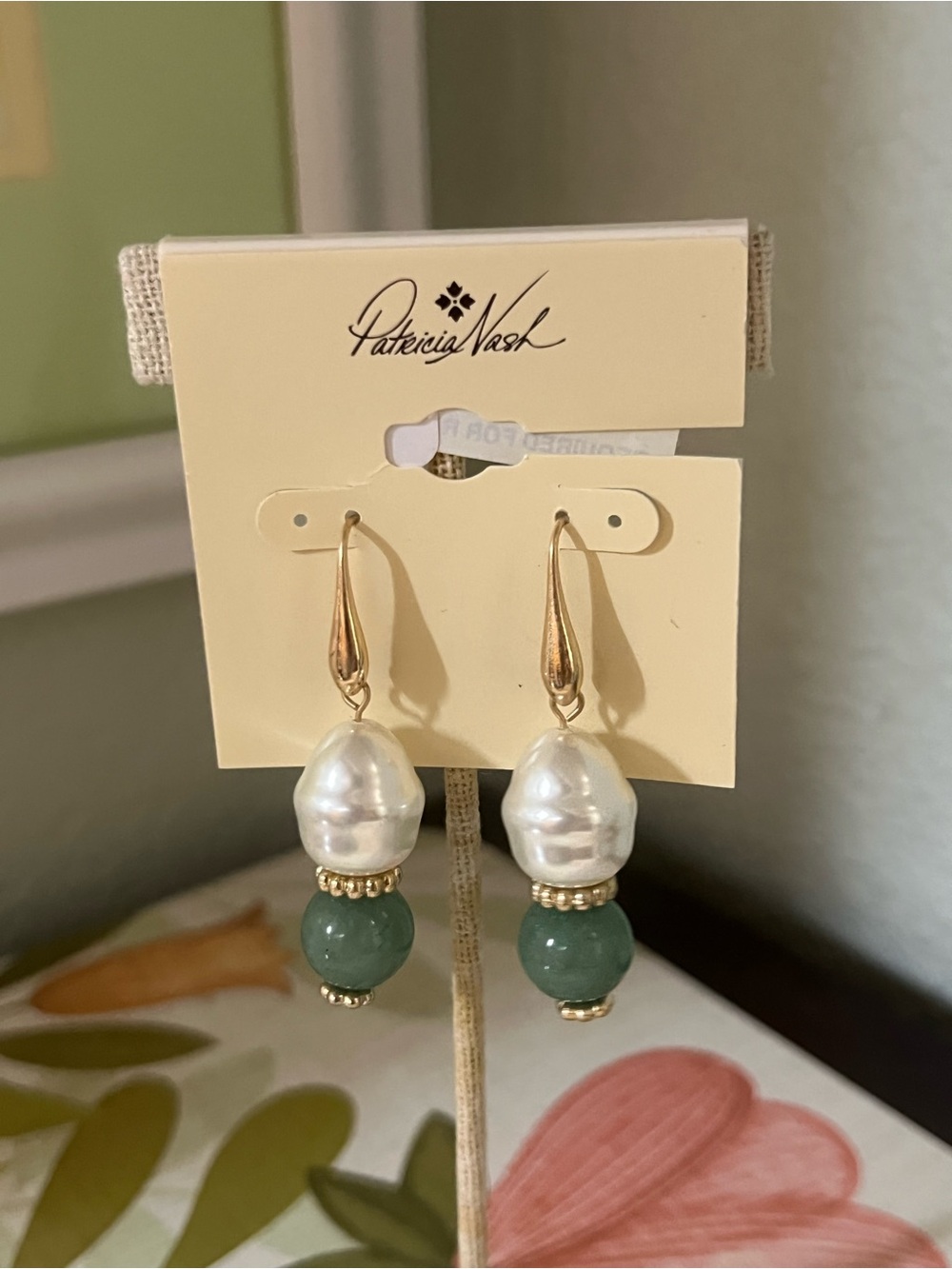 NWT Patricia Nash Gold Pearl and Jade Drop Earrings #PNER